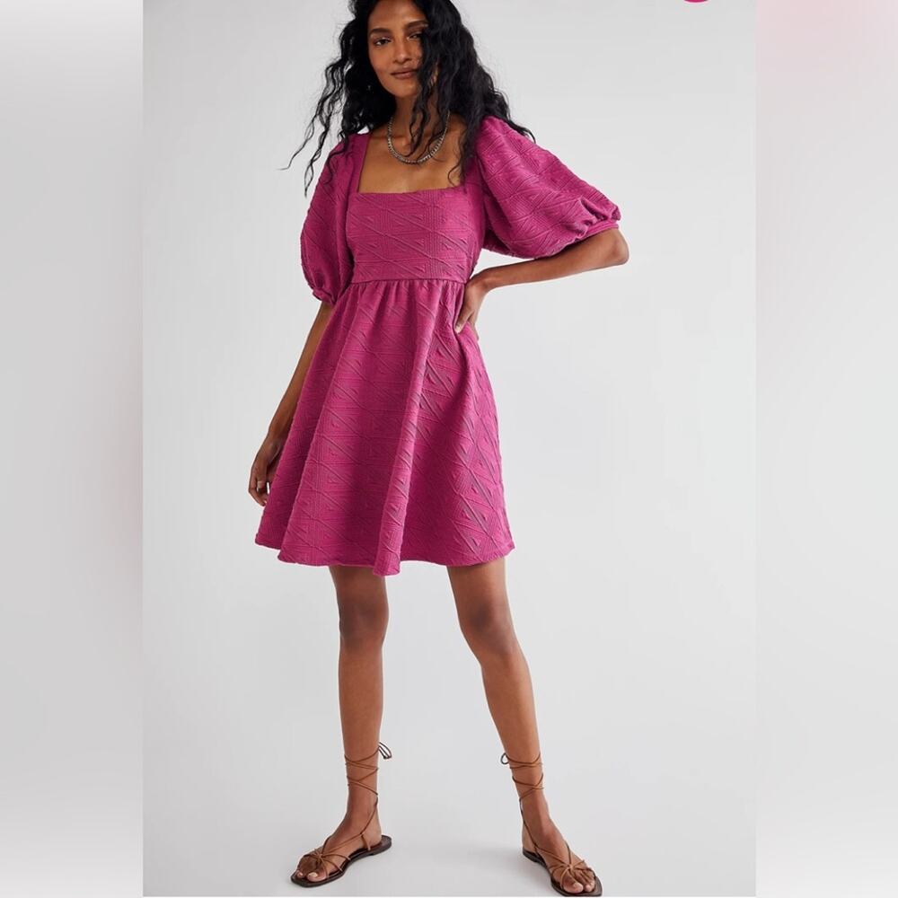 Free People Violet Mini Textured Square Neck Babydoll Dress L